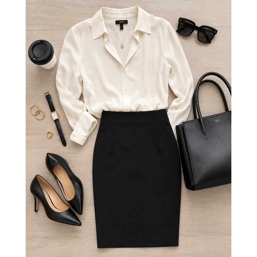 Theory Black Wool Pencil Skirt Size 0 Career Office Workwear Stretch Wool